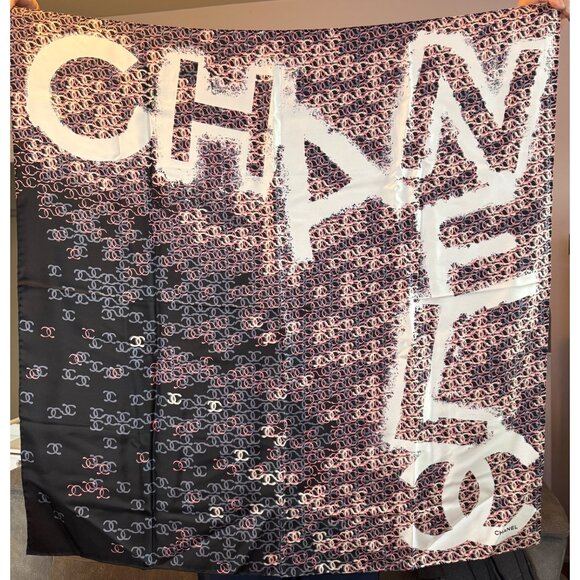 NWOT CHANEL Square 100% Silk Scarf, CC logo Ombre effect, Black-White-Pink-Gray - Picture 1 of 10